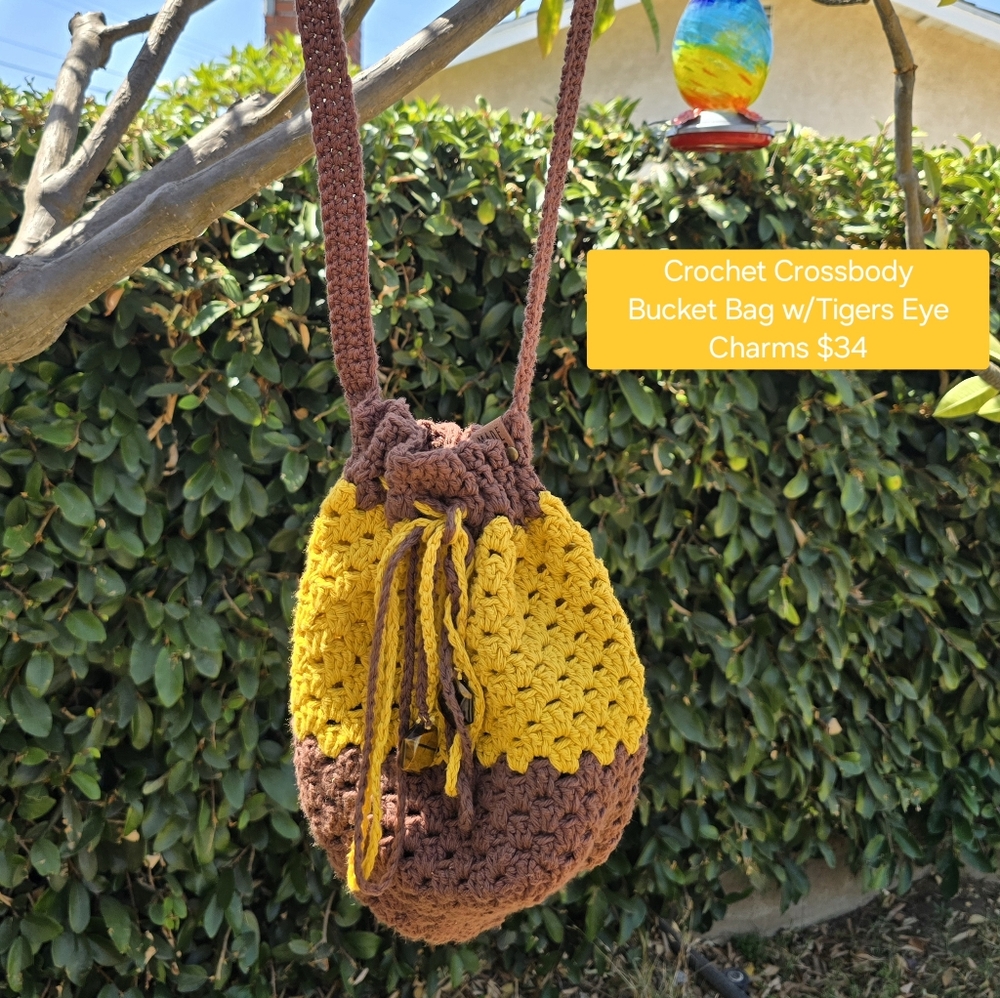 Yellow and Brown Crochet Crossbody Bucket Bag